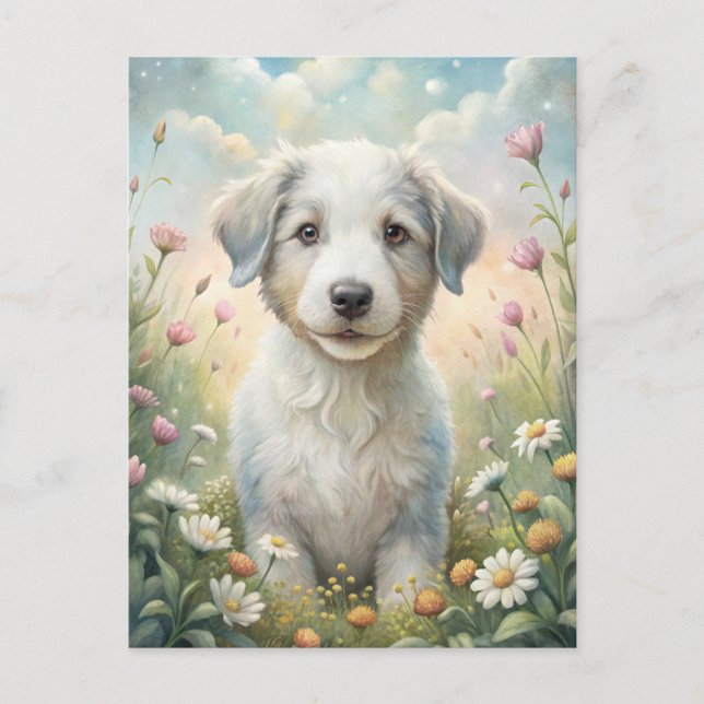 Cartão Postal White Puppy Pastel Wildflowers Daisies Sunshine (Frente)