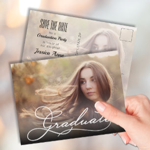 Cartão Postal White Script GRADUATE Photo Save the Date