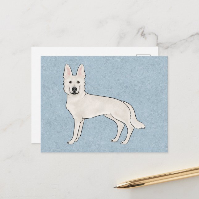 Cartão Postal White Shepherd White GSD Cartoon Dog Blue (Frente/Verso In Situ)