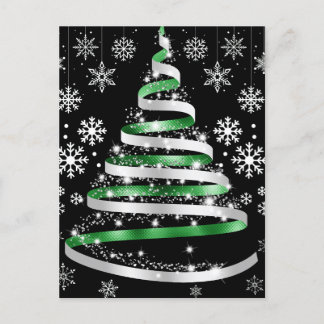 Cartão Postal White Snowflake Silver Green Ribbon Christmas Tree