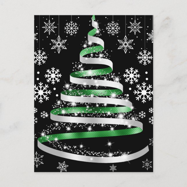 Cartão Postal White Snowflake Silver Green Ribbon Christmas Tree (Frente)