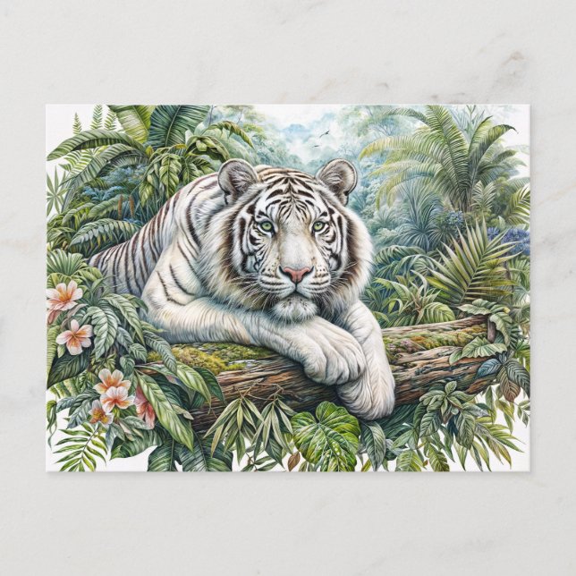 Cartão Postal White Tiger In Jungle Watercolor Art (Frente)