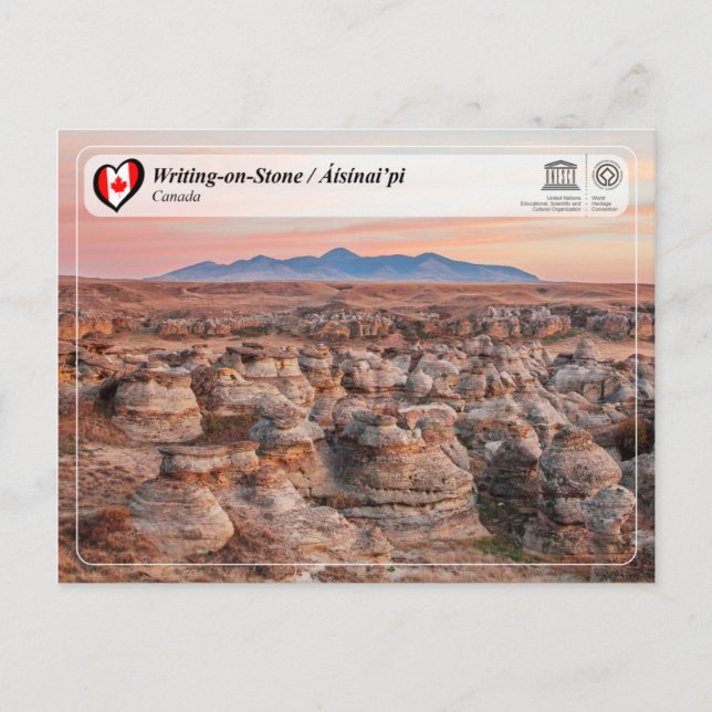 Cartão Postal WHS da UNESCO - Escrevendo em Pedra / Áísínai’pi (Frente)