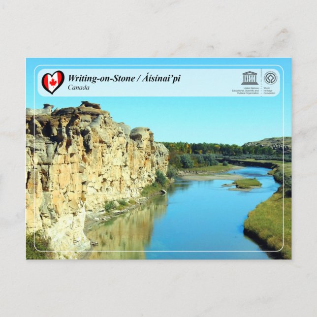 Cartão Postal WHS da UNESCO - Escrevendo em Pedra / Áísínai’pi (Frente)