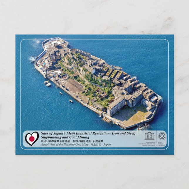 Cartão Postal WHS da UNESCO - Meiji - Mina Hashima - 端 島 炭 坑 (Frente)
