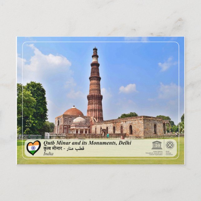 Cartão Postal WHS da UNESCO - Qutb Minar e seus Monumentos, Deli (Frente)