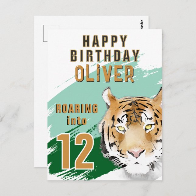 Cartão Postal Wild Tiger Head Watercolor Birthday  (Frente/Verso)
