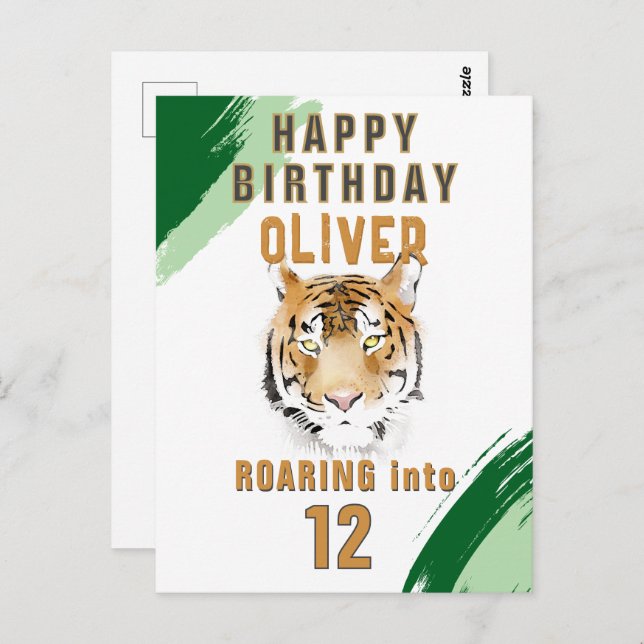 Cartão Postal Wild Tiger Head Watercolor Birthday  (Frente/Verso)