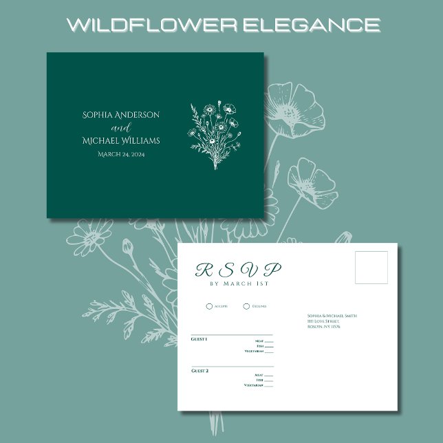 Cartão Postal Wildflower Elegance-RSVP-Casamento- Cartão-postal (Wildflower Elegance Wedding RSVP Postcard-Emerald Green-Rustic, Country, Bohemian)
