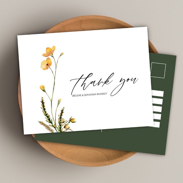 Cartão Postal Wildflower Modern Rustic Elegant Weding Obrigado (Wildflower Modern Rustic Elegant Wedding Thank You Postcard)