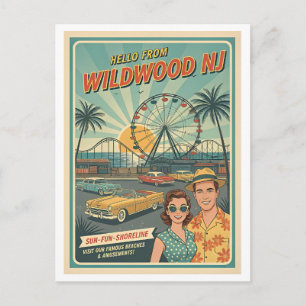 Cartão Postal Wildwood NJ – Olá de Wildwood Retro anos 1950