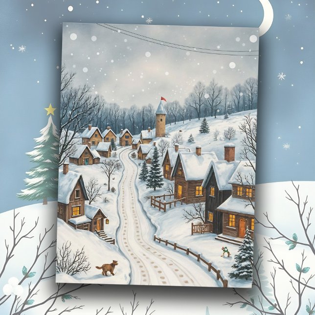 Cartão Postal Willage Snowy Scene Serene Cidade Pacífica (Snowy village scene on nostalgic Winter postcard, charming old fashioned town with peaceful street)