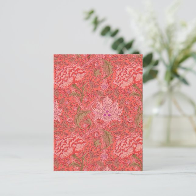 Cartão Postal William Morris - Elegante Vermelho e Rosa Floral (Em pé/Frente)