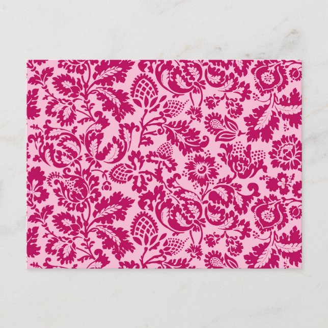Cartão Postal William Morris Floral Damask, Fúcsia e Rosa  (Frente)