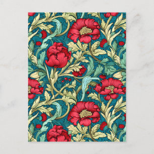 Cartão Postal William Morris Inspirou Flores Vermelhas Padrão