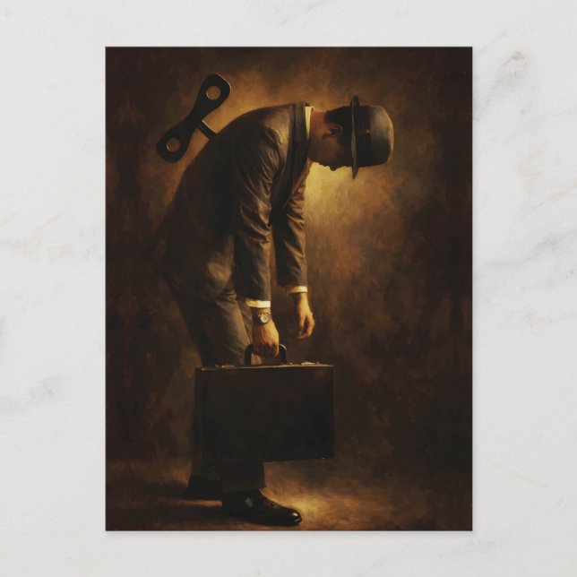 Cartão Postal Wind-Up Office Man Surreal Routine Grind Oil Paint (Frente)