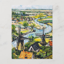 Cartão Postal Windmills and Church by River Fantasy Painting