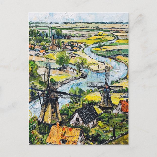Cartão Postal Windmills and Church by River Fantasy Painting (Frente)