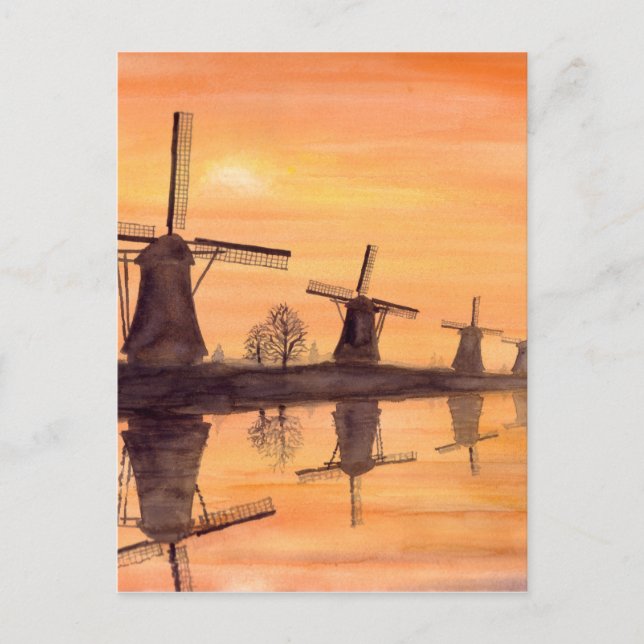 Cartão Postal Windmills Sunset - Impressão a Aquarela (Frente)