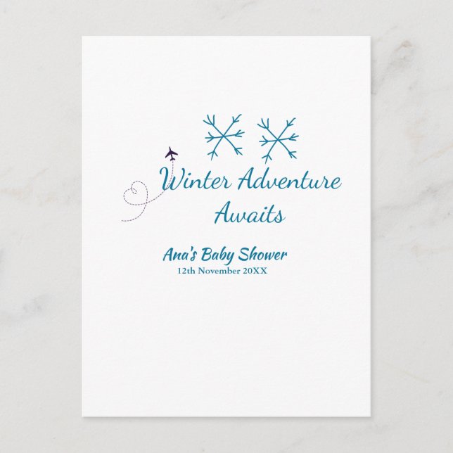 Cartão Postal Winter Adventure awaits baby shower blue snowflake (Frente)