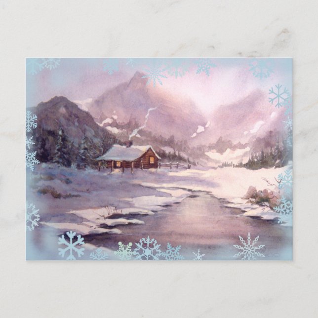 Cartão Postal WINTER CABIN & SNOWFLAKS por SHARON SHARPE (Frente)