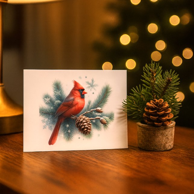 Cartão Postal Winter Cardinal Pine and Snowflakes  (“Watercolor red cardinal on snowy pine with snowflakesa serene winter scene for holiday mailing.”)