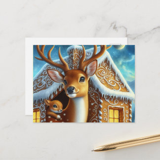 Cartão Postal  Winter Deer Family in Gingerbread House Postcard
