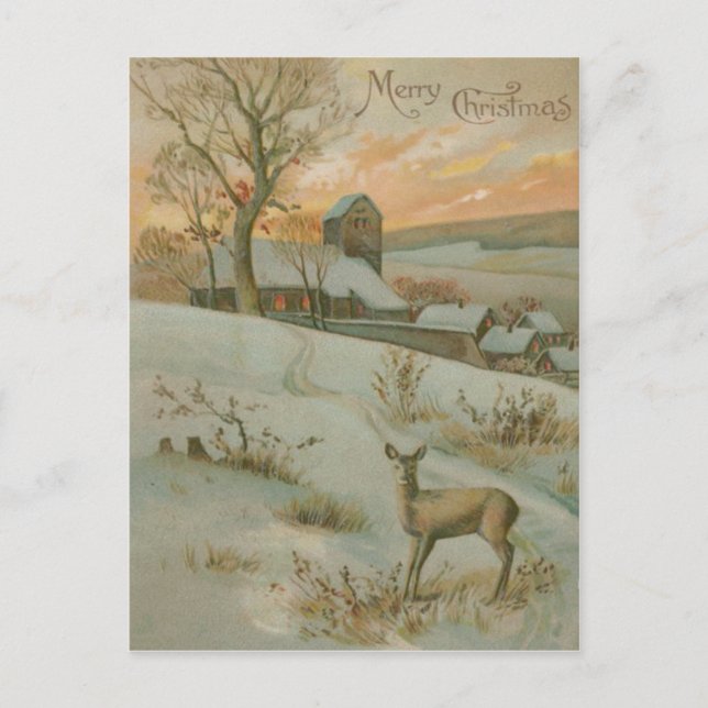 Cartão Postal Winter Field Deer Church (Frente)
