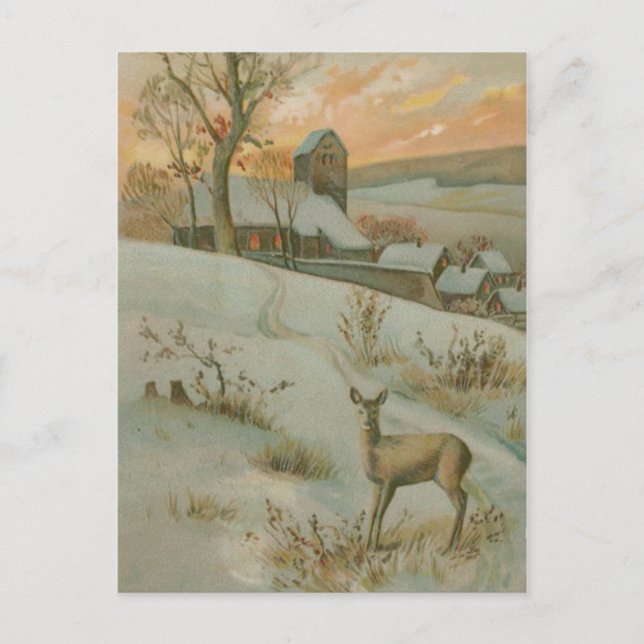 Cartão Postal Winter Field Deer Church (Frente)