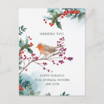 Cartão Postal Winter Holly Red Robin Christmas Deseja<br><div class="desc">Cartão-postal de Natal. Este design apresenta Red Robin com um arranjo de folhas sagradas e bagas vermelhas. Você pode ajustar o texto de acordo com as suas necessidades.</div>