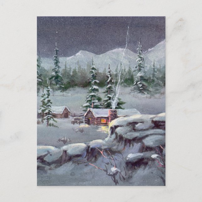Cartão Postal WINTER LOG CABIN by SHARON SHARPE (Frente)