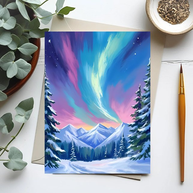 Cartão Postal Winter Night Northern Lights Watercolor Mountain (Criador carregado)