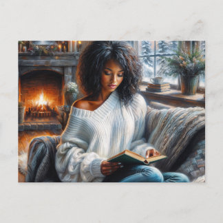 Cartão Postal Winter Reading Black Woman Cozy Art