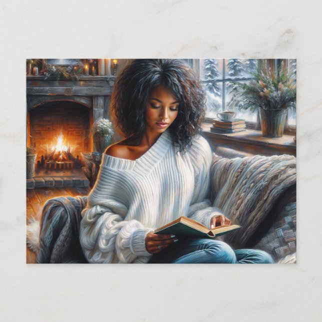 Cartão Postal Winter Reading Black Woman Cozy Art (Frente)