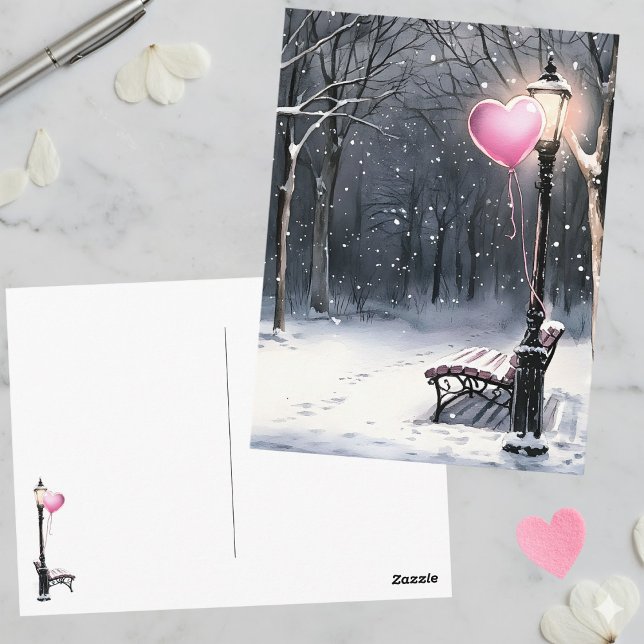 Cartão Postal Winter Scene Pink Heart Balloon Valentine's Day (Criador carregado)