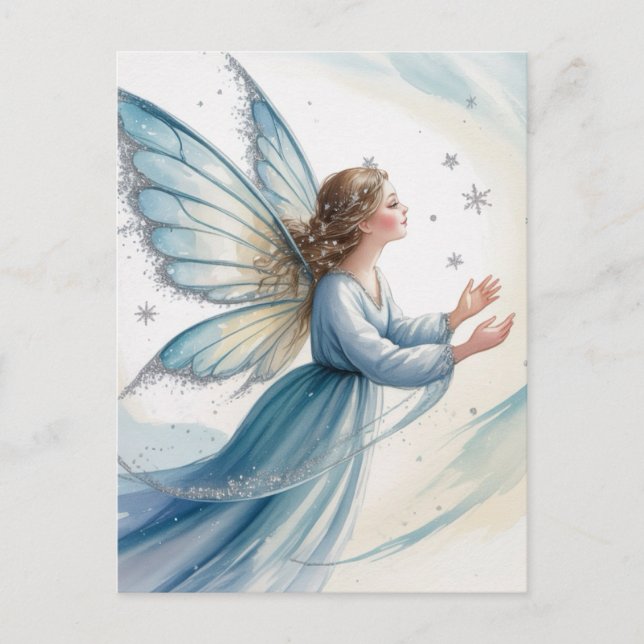 Cartão Postal Winter Snow Fairy Watercolor Art  (Frente)