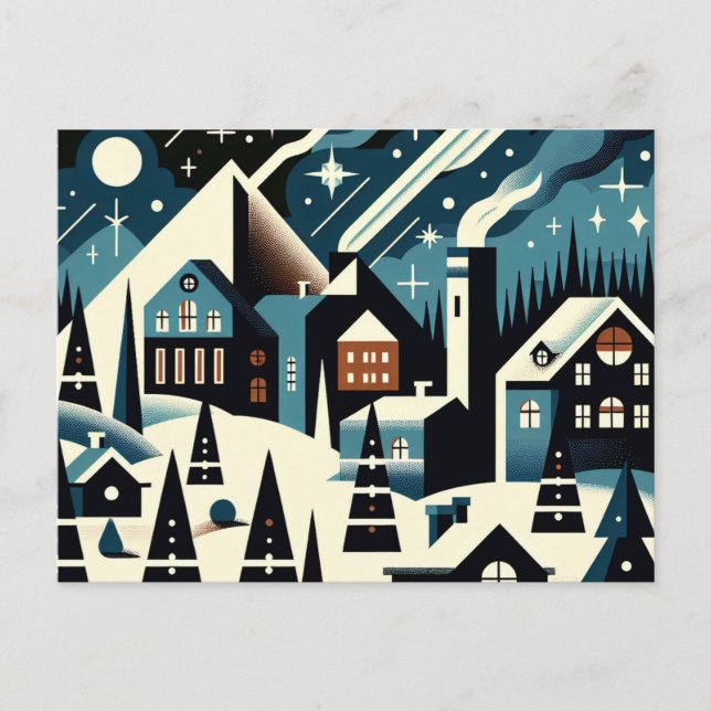Cartão Postal Winter Village Art Nouveau Elegant Snowy Scene (Frente)