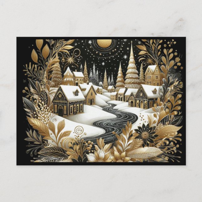 Cartão Postal Winter village gold & black design (Frente)