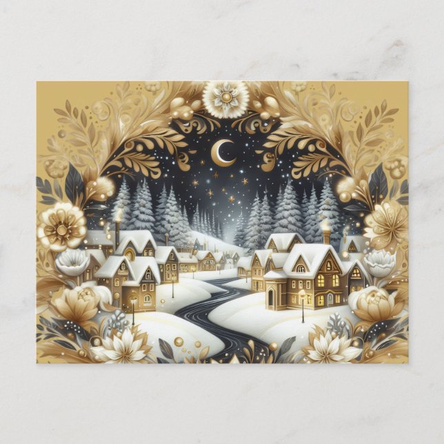 Cartão Postal Winter village gold & black design postcard (Frente)