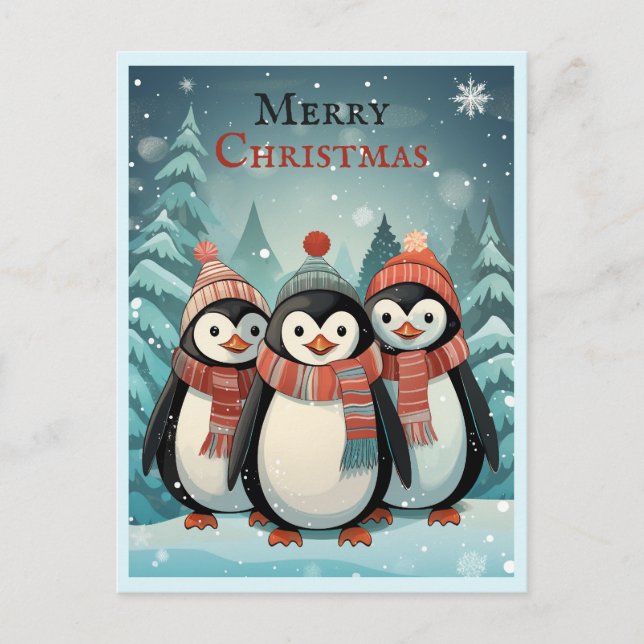 Cartão Postal Winter Wonderland Christmas Penguins Saudações (Frente)