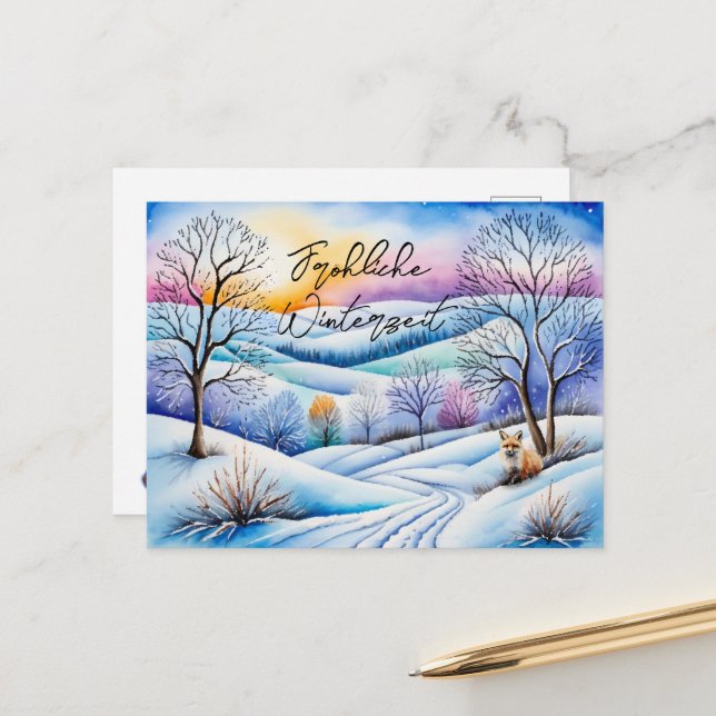 Cartão Postal Winterlandschaft in der Abenddämmerung mit Fuchs | (Frente/Verso In Situ)