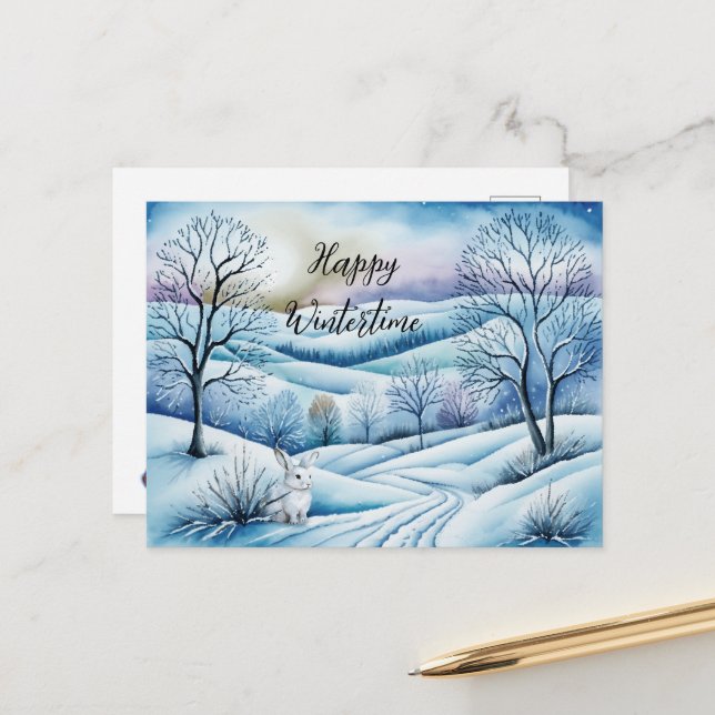 Cartão Postal Winterlandschaft in der Abenddämmerung mit Hase | (Frente/Verso In Situ)