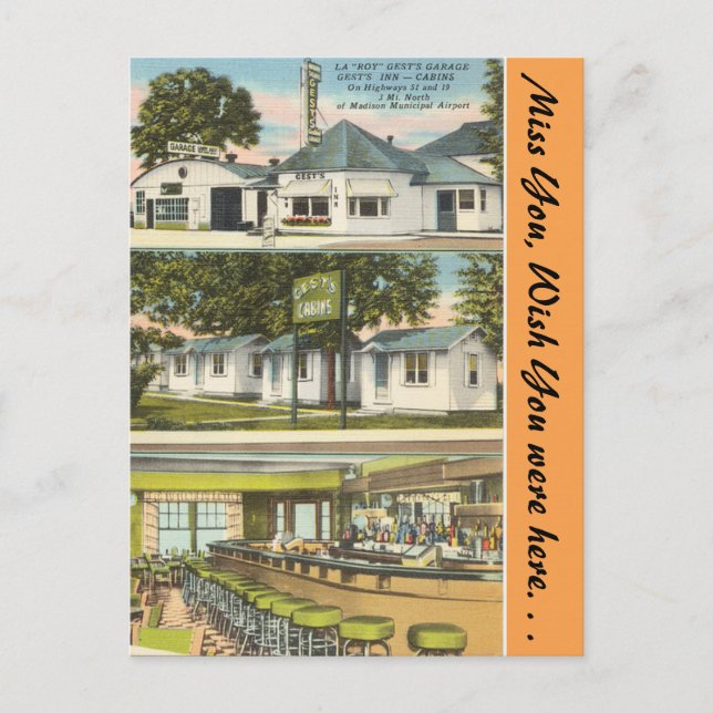 Cartão Postal Wisconsin, Gest's Garage, Inn & Cabins, Madison (Frente)