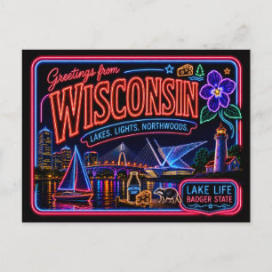 Cartão Postal Wisconsin Neon Estado Retro Vintage