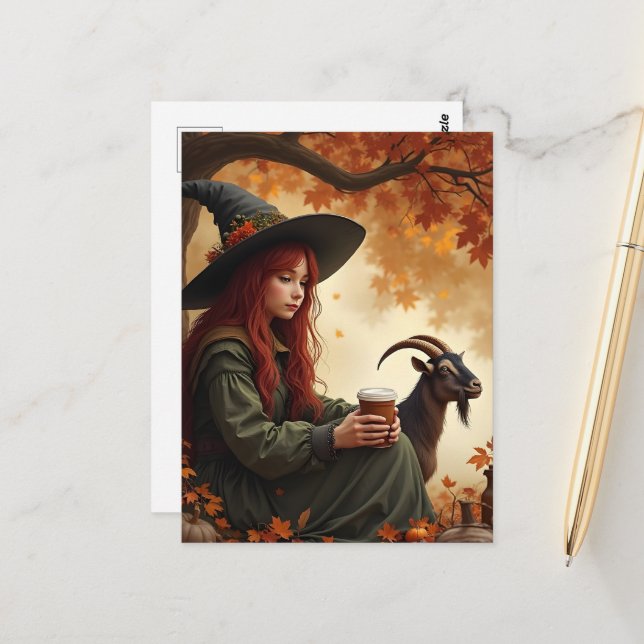 Cartão Postal Witch and Pet Goat in Autumn (Frente/Verso In Situ)
