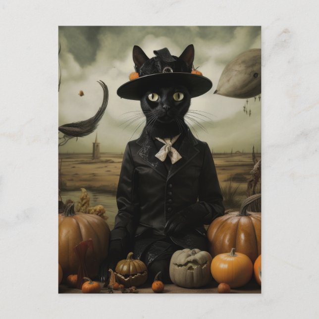 Cartão Postal Witch Cat with Pumpkins  (Frente)