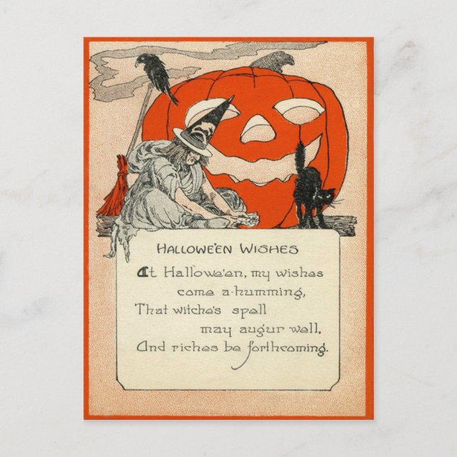Cartão Postal Witch Jack O Lantern Black Cat Raven (Frente)