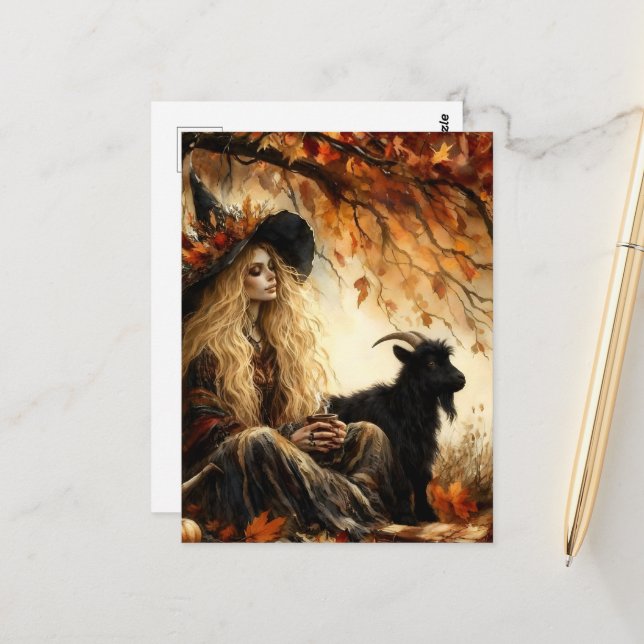 Cartão Postal Witch With Coffee and Her Pet Black Goat in Autumn (Frente/Verso In Situ)