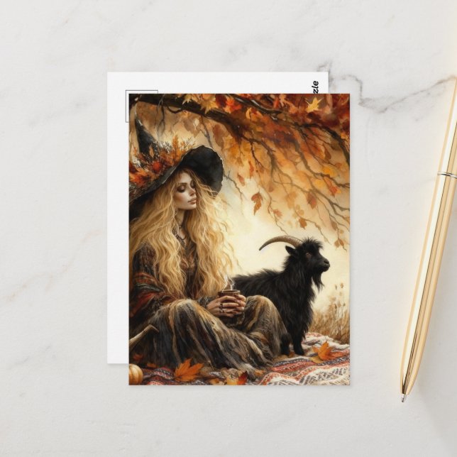 Cartão Postal Witch With Coffee and Her Pet Goat in Autumn (Frente/Verso In Situ)
