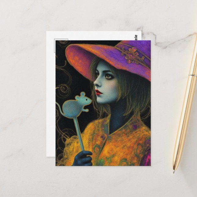 Cartão Postal Witch With Mouse Wand (Frente/Verso In Situ)